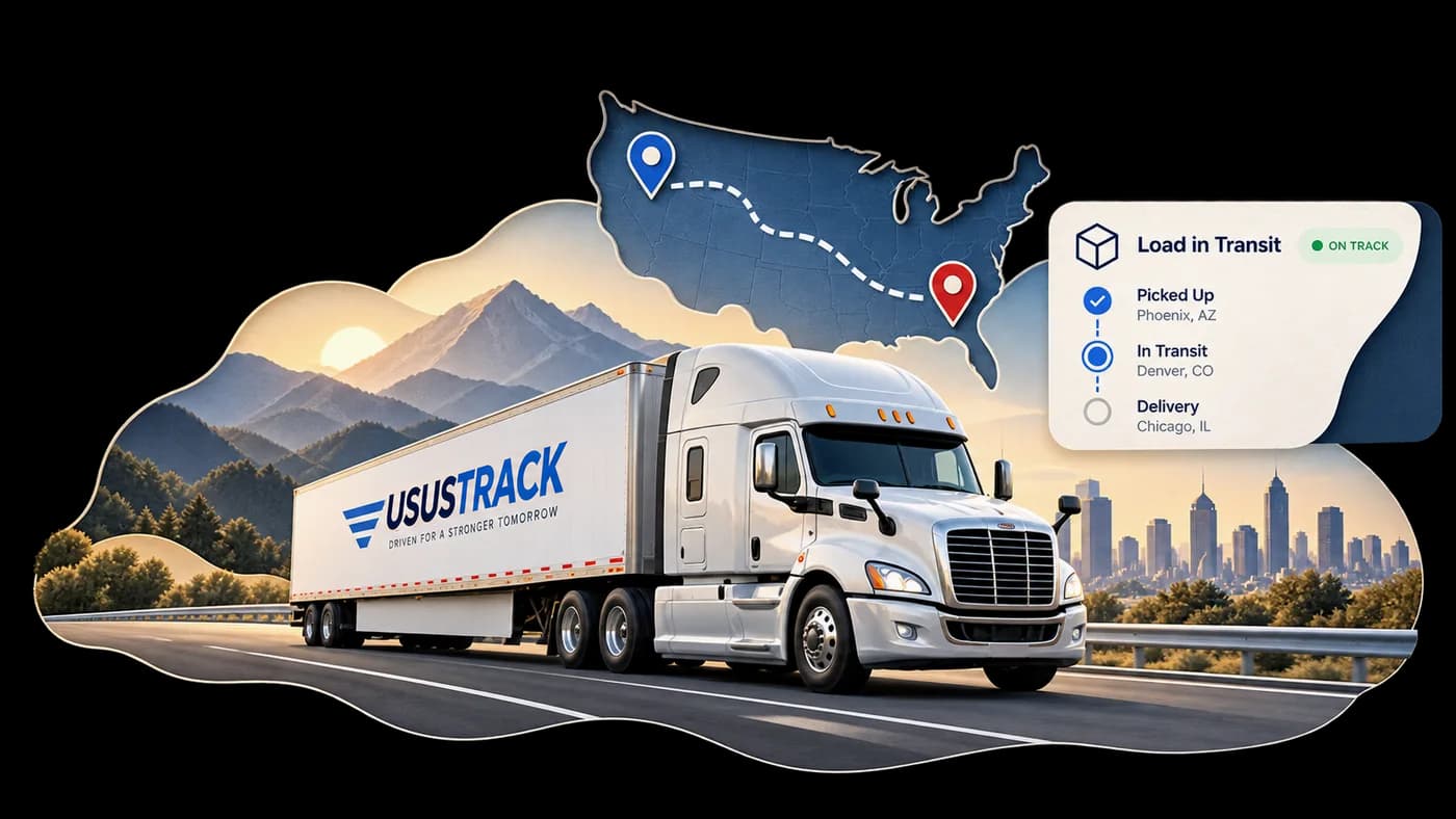 A USUSTRACK semi-truck on a highway between mountains and a city skyline, with a U.S. route map and a load status panel showing picked up, in transit, and delivery.