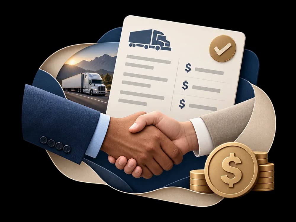A handshake in front of a rate sheet listing line-item amounts, with a highway truck scene and stacked gold coins.