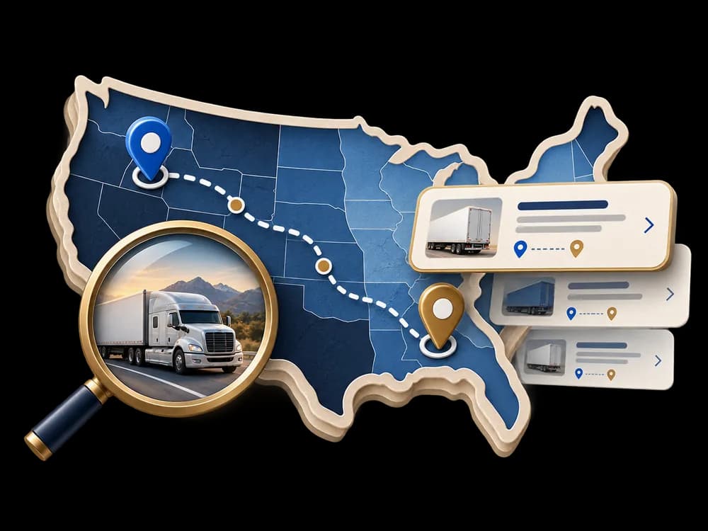 A layered U.S. map with pickup and delivery pins on a dashed route, a magnifier over a highway truck, and a stack of load option cards.