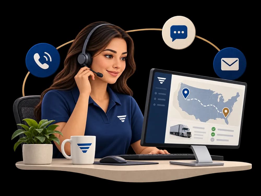 A USUSTRACK dispatcher wearing a headset at a monitor showing a route map and load list, with phone, chat and email icons alongside.