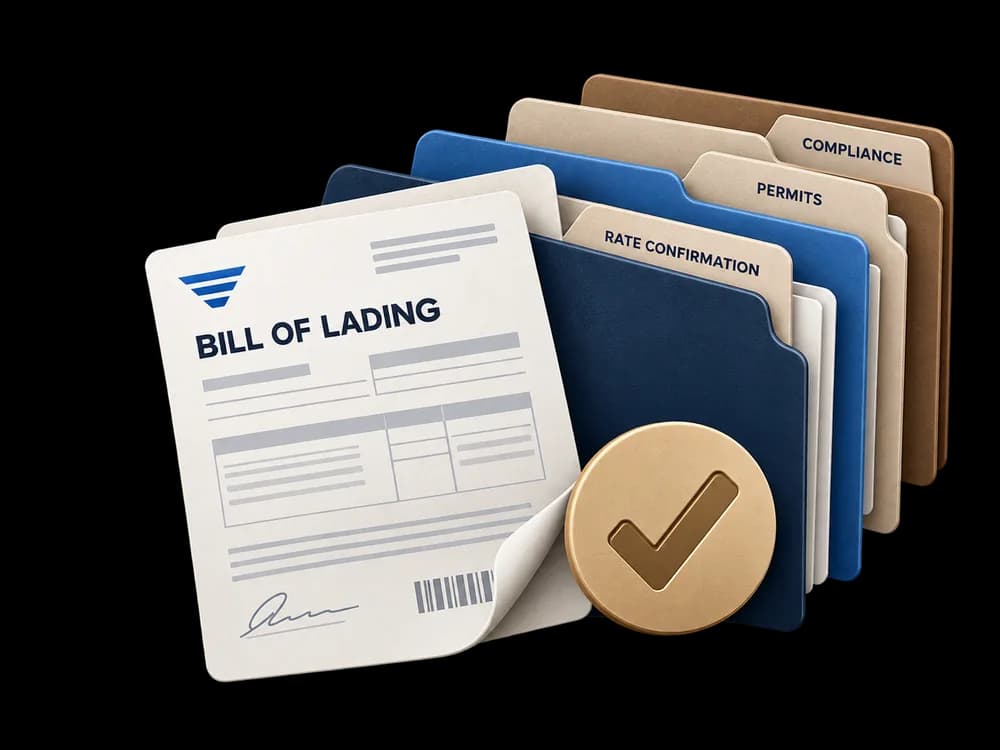 A signed bill of lading in front of labelled folders for rate confirmation, permits and compliance, with a gold approval check.