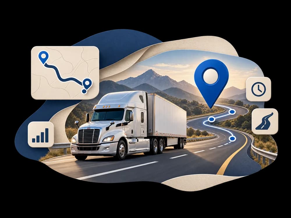A truck on a winding mountain highway with a route map card, a location pin, and timing and road-condition tiles around it.